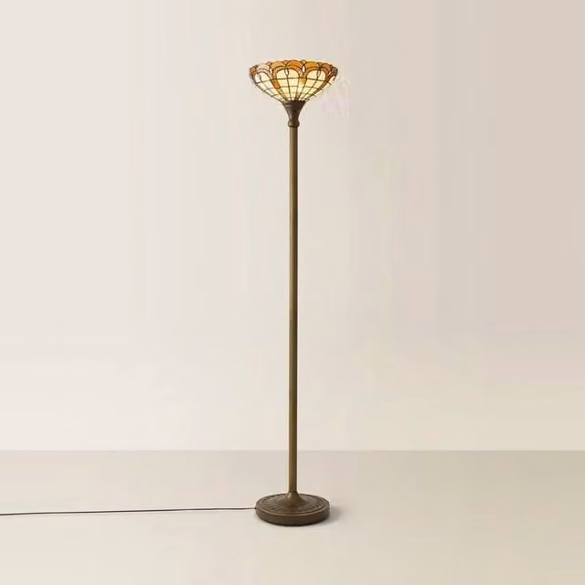 SPETLEK Gold and Brass Art Nouveau Floor Lamp Uplighter with Glass Dome
