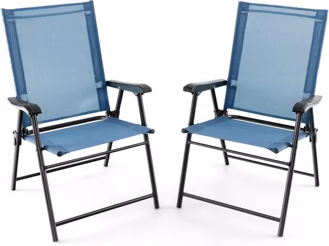 Costway Set of 2 Blue Portable Sling Back Garden and Terrace Chairs with Armrests