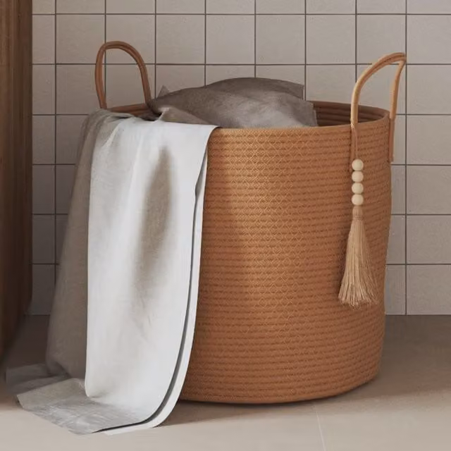 Berkfield Brown Cotton Open Weave Storage Basket with Handles, W: 40 cm, D: 35 cm, H: 35 cm