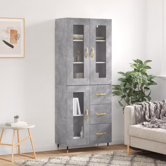 Berkfield Home Modern Highboard in Concrete Grey with Glass Doors, W: 69.5 cm, D: 34 cm, H: 180 cm