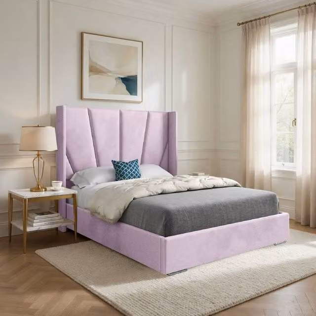 Casani Fairlight Upholstered Velvet Designer Bed Frame in Pink, W: 144 cm, D: 200 cm