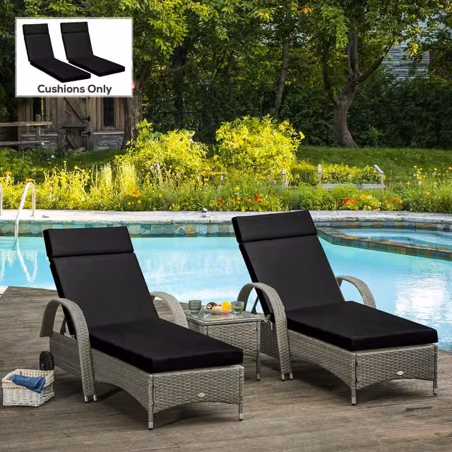 Outsunny Set of 2 Black Replacement Outdoor Seat Cushions for Rattan Furniture, W: 196 cm, D: 55 cm
