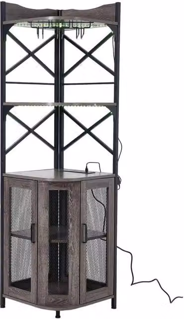 FLAVORA Grey 5 Tier Corner Wine Cabinet with Glass Doors and Integrated Lighting