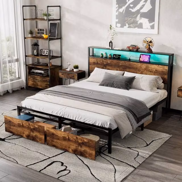 Rolipo Double Metal Bed Frame in Black with LED Lights, USB Charging Ports and Under-bed Storage Drawers, W/D/H: 140 x 200 cm