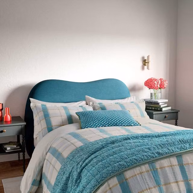 Land & Shore Rathlin Check Reversible Double Duvet Cover and Pillowcase Set, Green and Blue Cotton Percale, 140 x 200 cm