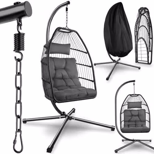 tectake Grey Rattan Egg Chair with Powder Coated Steel Stand and Cushions