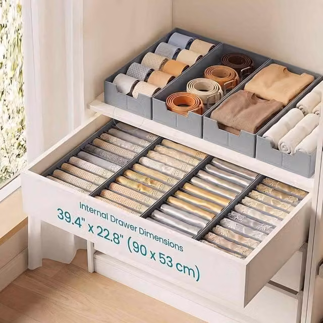 The Bazaarist Set of 4 Foldable Drawer Organisers with Dividers, Light Grey