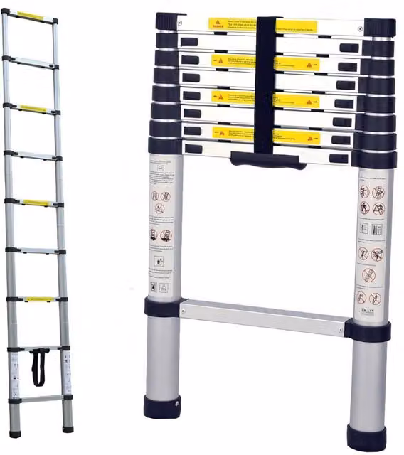 Alivio Heavy-Duty Telescopic Aluminium Extension Ladder with Safety Lock and Non-Slip Rubber Feet, Silver, Max Height: 3.8 m, Load Capacity: 150 kg