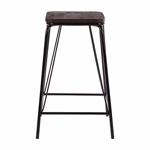 Orsina Industrial Metal and Wood Stool, Black and Brown, W/D/H: 42 x 42 x 62 cm