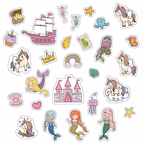 WALPLUS 28 Piece Multicolour Unicorn and Mermaid Window Stickers, Reusable and Removable Vinyl Gel Clings for Kids, Classrooms and Mirrors
