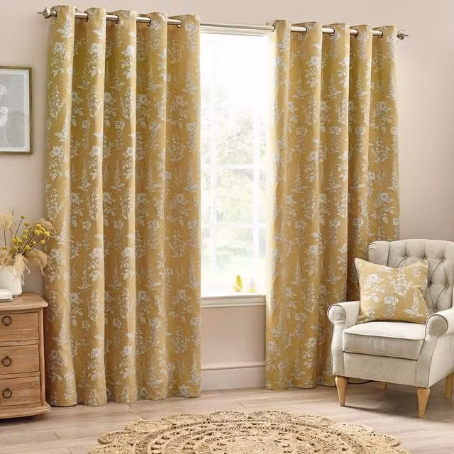 Make It A Home Set of 2 Sophia Jacquard Floral Eyelet Curtains, Gold and Green, W: 183 cm, H: 229 cm
