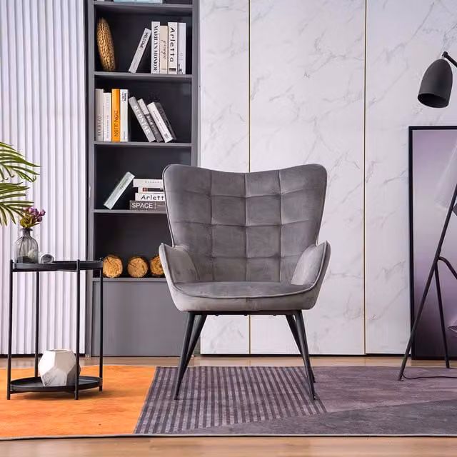 More4Homes Vera Velvet Modern Accent Chair with Ottoman in Grey