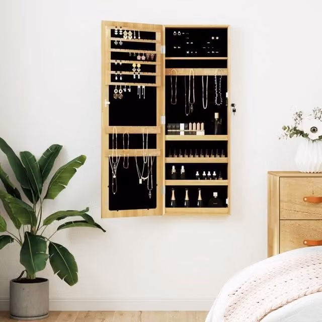 Berkfield Home Wall Mounted Mirror Jewellery Cabinet in Brown, W/D/H: 37.5 x 10 x 106 cm