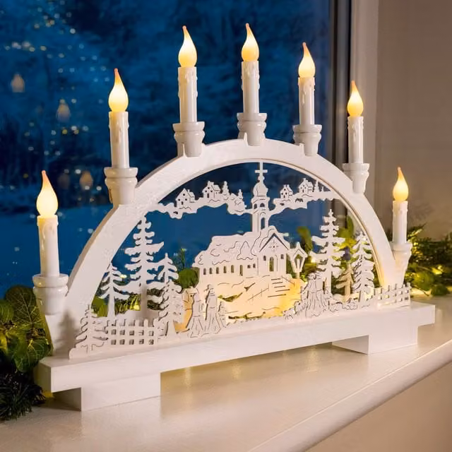 Christow Christmas Candle Bridge LED Winter Landscape Tabletop Decoration in White