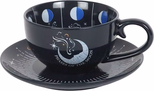 Something Different Moon Phases Ceramic Teacup and Saucer in Black