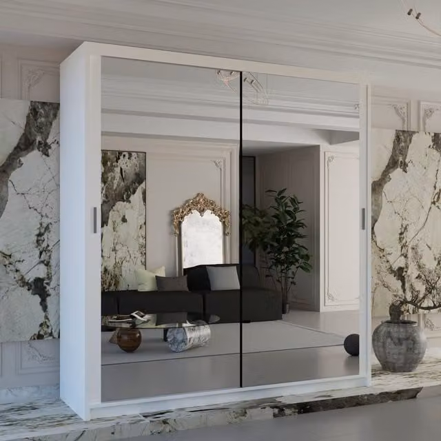 4U Double Mirror Sliding Wardrobe with LED Light and Integrated Drawers, White, W: 150 cm, H: 217 cm, D: 62 cm