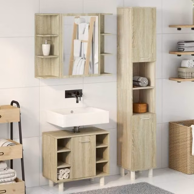 Berkfield Home 3 Piece Bathroom Furniture Set in Sonoma Oak and Beige