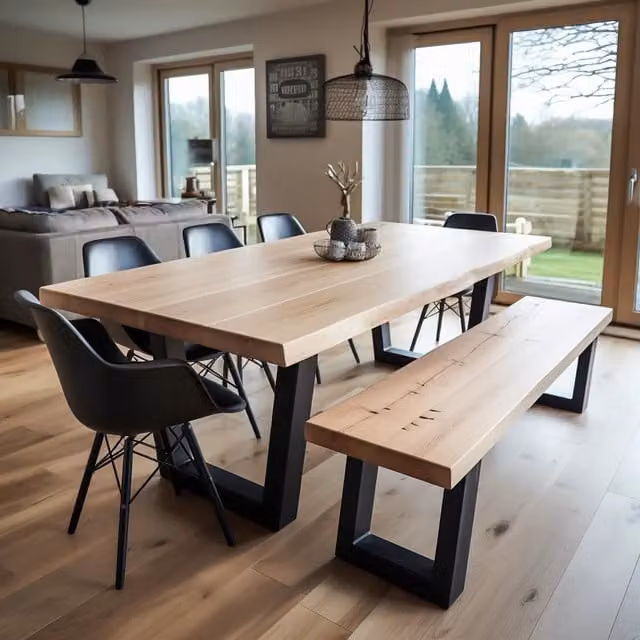 TRL Handmade Furniture Brown Oiled Beech Wood Rectangular Live Edge Dining Table with Sled Base W/D/H: 120 x 90 cm