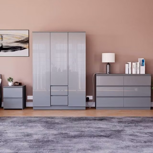 HD Designs Glinton 3 Piece Modern Glossy Grey Bedroom Set including Wardrobe, Chest of Drawers and 2 Drawer Bedside Chest