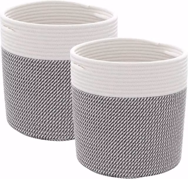 Berkfield Home Storage Baskets, 2 Pack, Grey and White Cotton Fabric, W/D/H: 28 x 28 x 28 cm