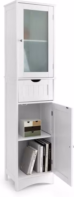 Costway Freestanding White Bathroom Storage Cabinet with Glass Doors and Internal Shelves, Height: 170 cm