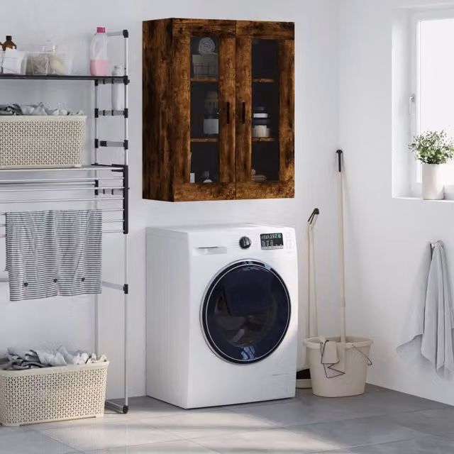 Berkfield Home Wall Mounted Smoked Oak Cabinet with Glass Doors in Brown W/D/H: 69.5 x 34 x 90 cm
