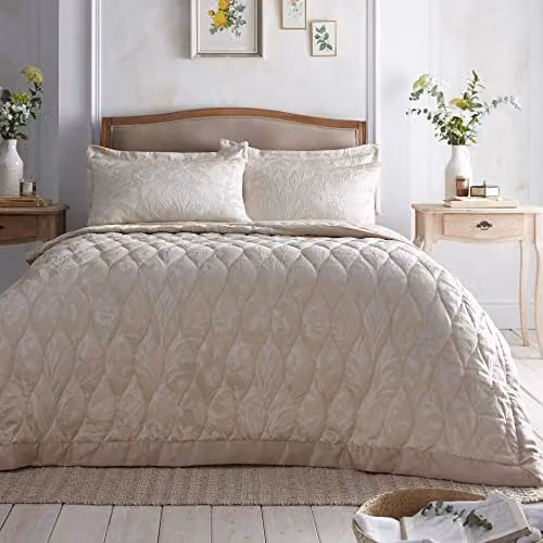 Appletree Beige Floral Quilted Bedspread, Reversible Jacquard Microfibre Design, W: 230 cm, D: 200 cm