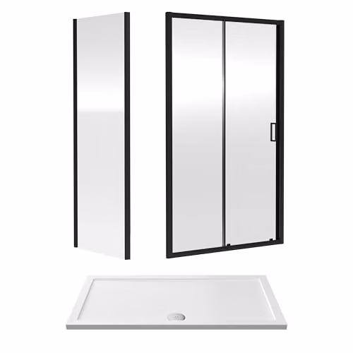 Balterley Sliding Shower Door with Side Panel and Square Tray, 6mm Toughened Safety Glass, Black and White, W/D/H: 140 x 76 x 190 cm