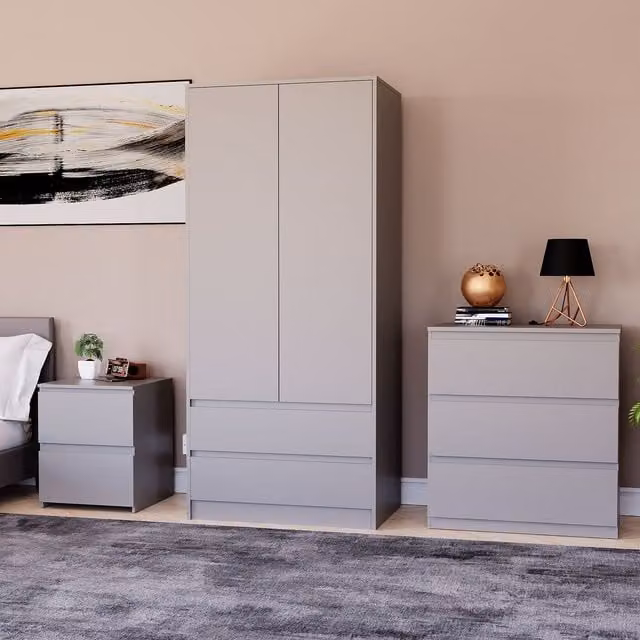 Vida Designs Denver Modern Grey Bedroom Set with Wardrobe, Chest of Drawers and 2 Bedside Tables
