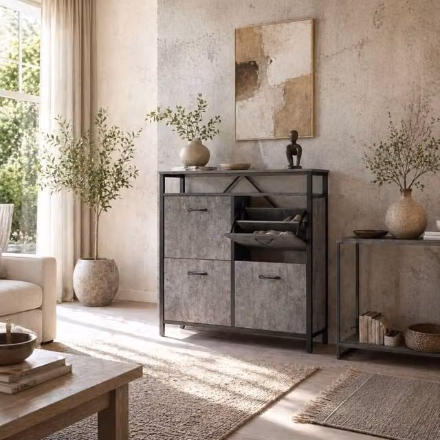 Wyld Haus Verala Slim Shoe Cabinet in Grey and Black with 4 Tilting Compartments and Top Shelf