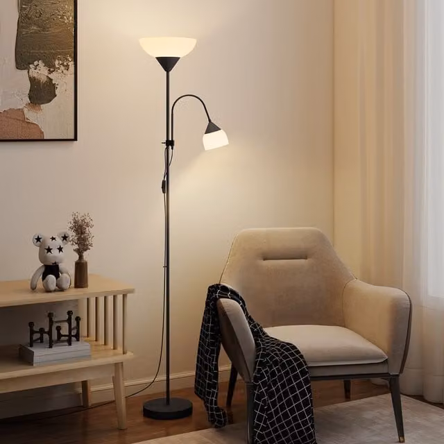 HOMCOM Mother-Child Floor Lamp Duo in Black with Adjustable Metal Design and Round Base