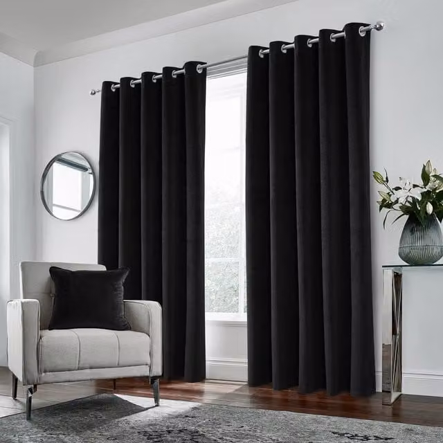 Enhanced Living Blackout Velvet Eyelet Curtains, Black, Height: 183 cm, Width: 117 cm