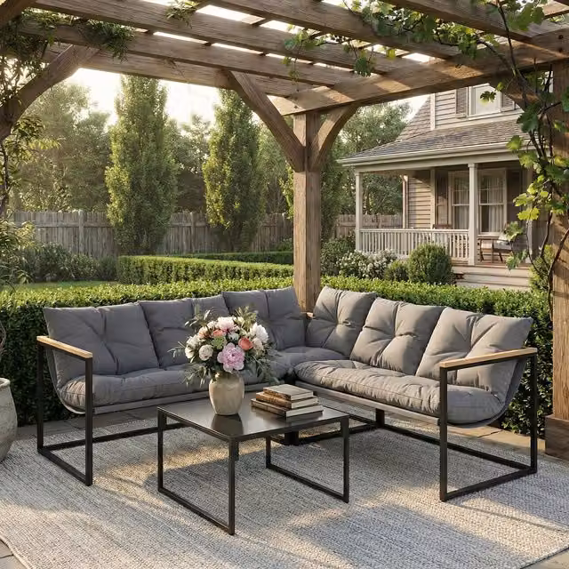 Outsunny 4 Piece L-Shape Garden Furniture Set with Cushions and Coffee Table, Grey