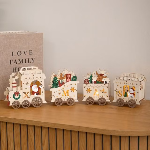 Samuel Alexander Rustic Wooden Santa's Express Light Up Christmas Train Decoration, White and Multicolour, W/D/H: 12.0 x 7.0 x 7.0 cm