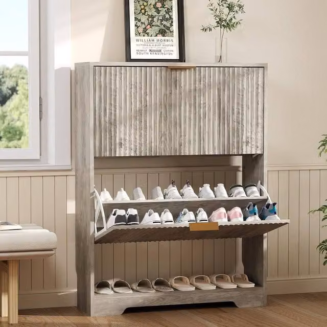 London Boutique Modern Mid-Century Shoe Storage Cabinet in Grey with 2 Drawers and Tilting Compartments