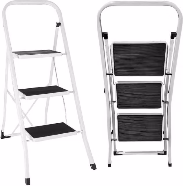 BARGAINS-GALORE 3 Step Foldable Steel Stepladder with Non-Slip Treads in White