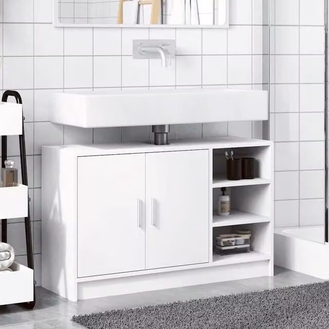 Berkfield Home White Freestanding Bathroom Sink Cabinet with Hinged Doors and Open Shelf, W/D/H: 90 x 29 x 55 cm