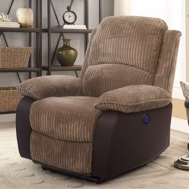 Comfy Living Modern Fabric Cord Electric Recliner Set in Brown, including 3-Seater Sofa, 2-Seater Sofa and Armchair