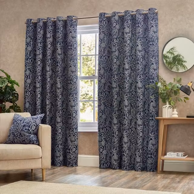 Bali Blue Floral Jacquard Blackout Eyelet Curtain Pair, Height: 183 cm, Width: 117 cm