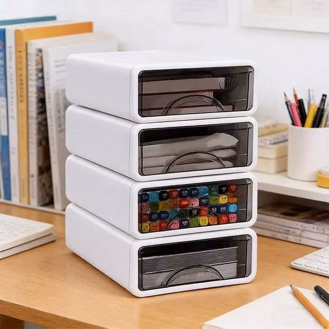 PAWNORA 4 Tier Stackable Desk Storage Box, White and Transparent Plastic Drawers