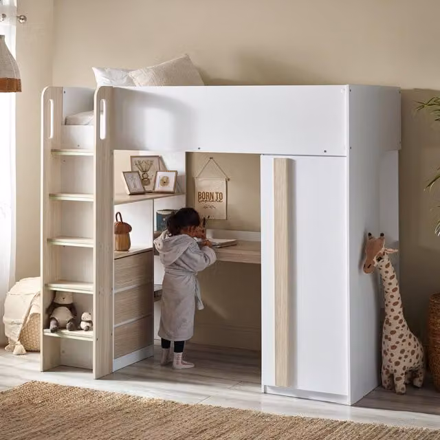 Julian Bowen Ocean Highsleeper Single Bed in Wood and White with Drawers and Stairs