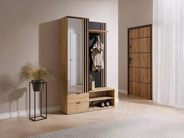 Vente-unique JANAKIA Modern Wardrobe with Mirror, Internal Drawers and Open Shelving in Black and Natural Wood
