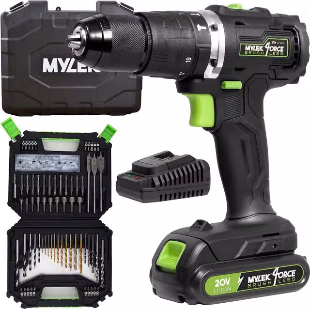 Mylek 20V Brushless Cordless Drill, Impact Hammer and Combi Driver Set in Black with 128 Pieces