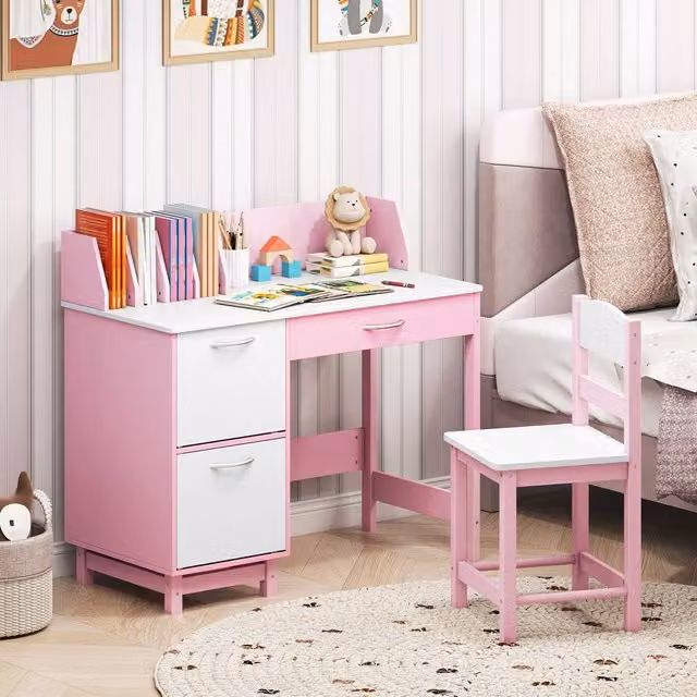 Costway Kids Wooden Study Desk and Chair Set with Drawer in Pink and Multicolour