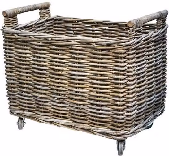 Lemon Pavilion Furniture and Decor Brown Rattan Log Cart on Wheels W: 58 cm, D: 39 cm, H: 49 cm