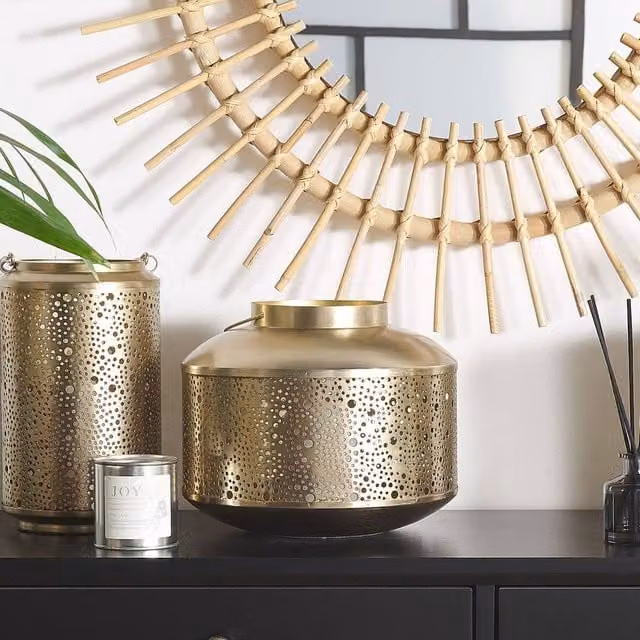 Wyld and Coco Gold Perforated Metal Pillar Candle Holder, Height: 22 cm