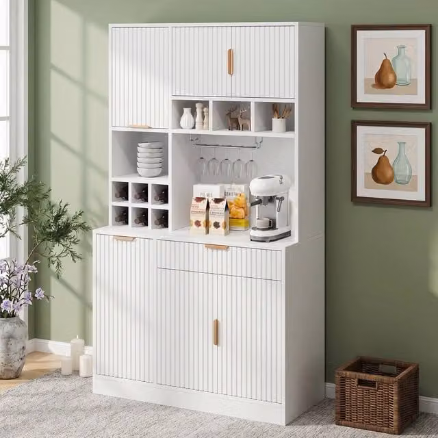 Merax Modern Tall Kitchen Pantry Cabinet in White with Power Outlets, Wine Storage and Glass Doors, H: 175 cm, W: 100 cm, D: 40 cm