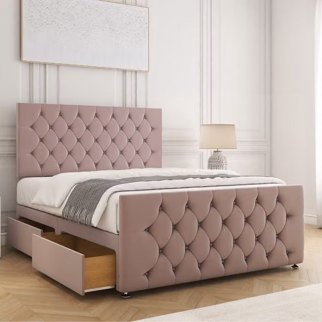 BSSPOKE Maya Plush Velvet Small Double Divan Bed with 24 inch Headboard, 2 Drawers and Mattress in Pink, W/D/H: 120 x 200 cm