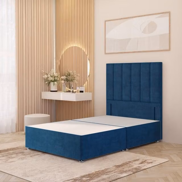 Somnior Beds Ltd Austin Velvet Divan Bed Base with 54 inch Floor Standing Headboard and Drawers, Blue, W/D/H: 180 x 200 cm