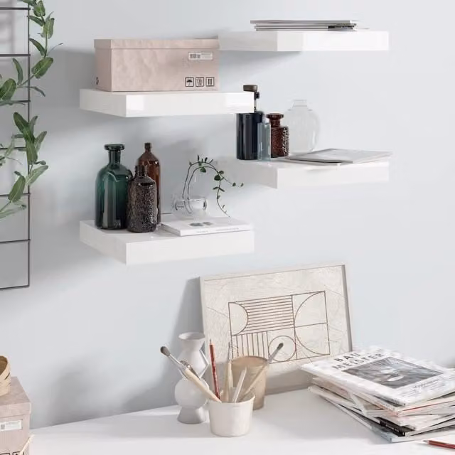Berkfield Home Set of 4 High Gloss White Floating Wall Shelves, W/D/H: 23 x 23.5 x 4 cm